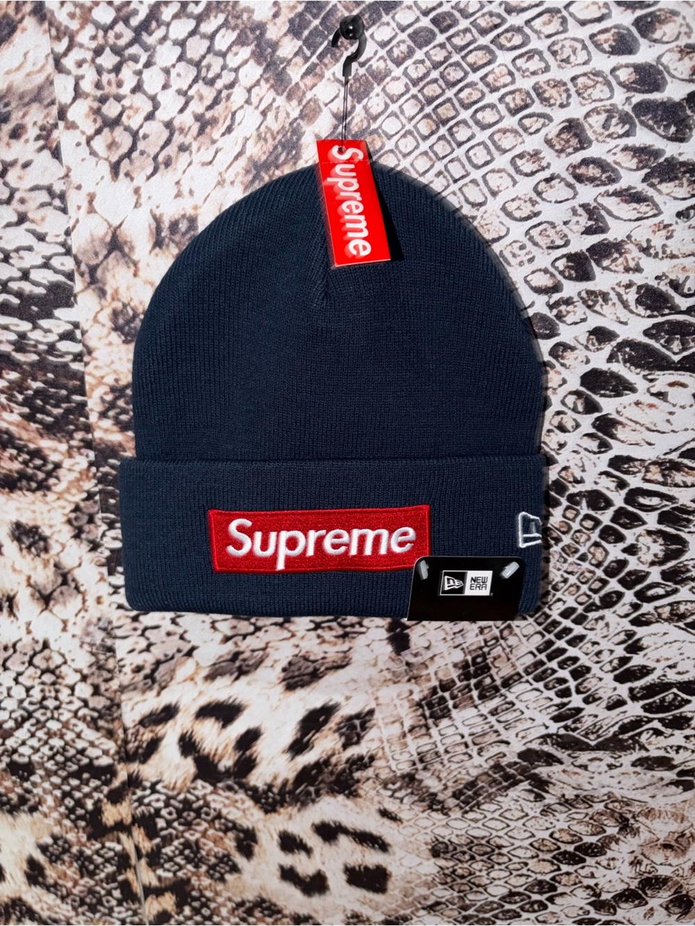 Supreme Navy Beanie with Red Box Logo